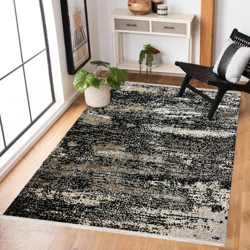 Siyah Soyut Modern Etnik Desenli Halı  | Makinada Yıkanabilir | Hav Toz Vermez | Leke Tutmayan | Kaymaz Taban | Dijital Makine Baskı | Salon Yolluk Mutfak Halısı