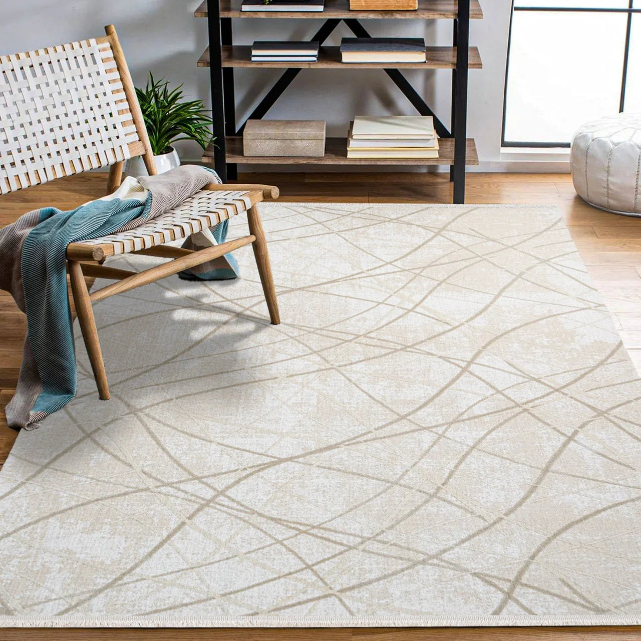 Bej Krem Geometrik Minimalist Halı - Yıkanabilir - Kaymaz Taban - Pati Dostu