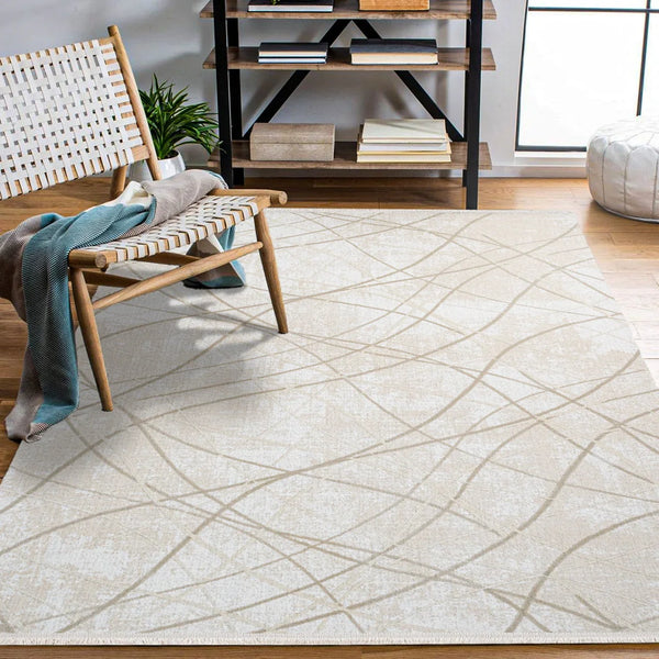 Bej Krem Geometrik Minimalist Halı - Yıkanabilir - Kaymaz Taban - Pati Dostu