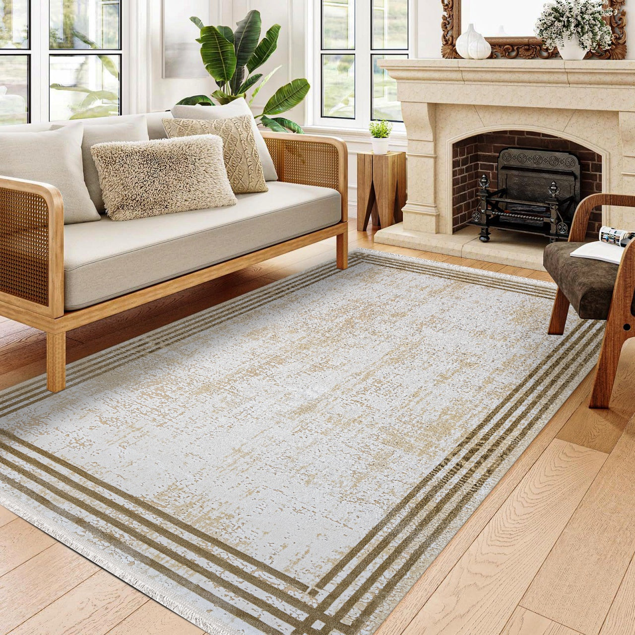 Bej Gold Bordürlü Minimalist Halı - Yıkanabilir - Kaymaz Taban - Pati Dostu