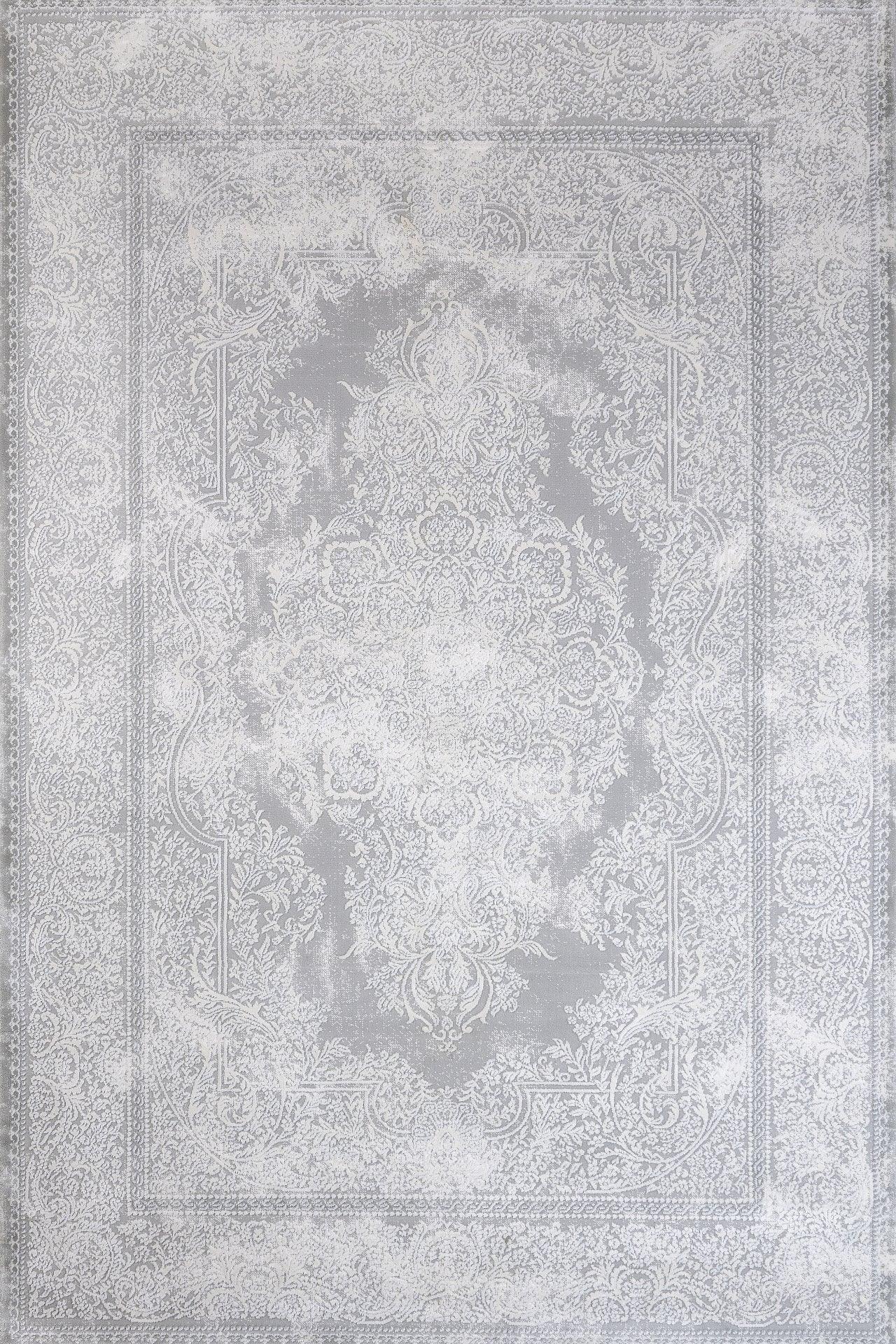 Beyaz Gri Klasik Desenli Minimalist Halı - Yıkanabilir - Kaymaz Taban - Pati Dostu