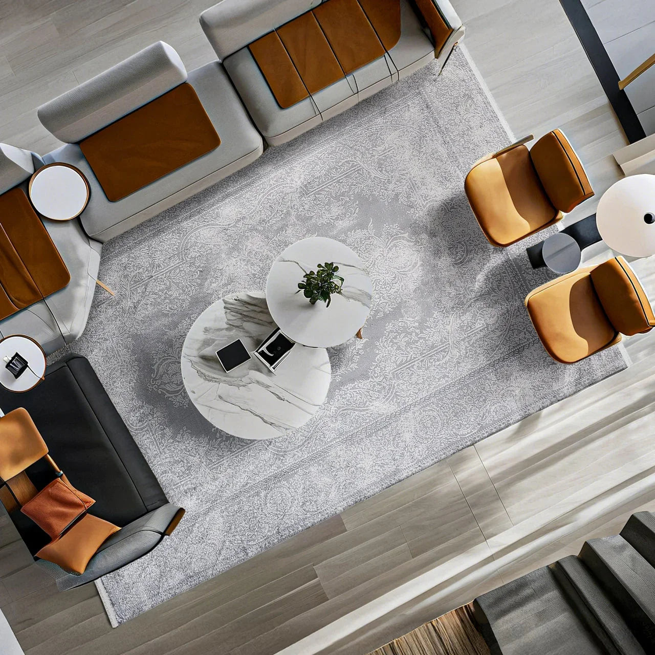 Beyaz Gri Klasik Desenli Minimalist Halı - Yıkanabilir - Kaymaz Taban - Pati Dostu