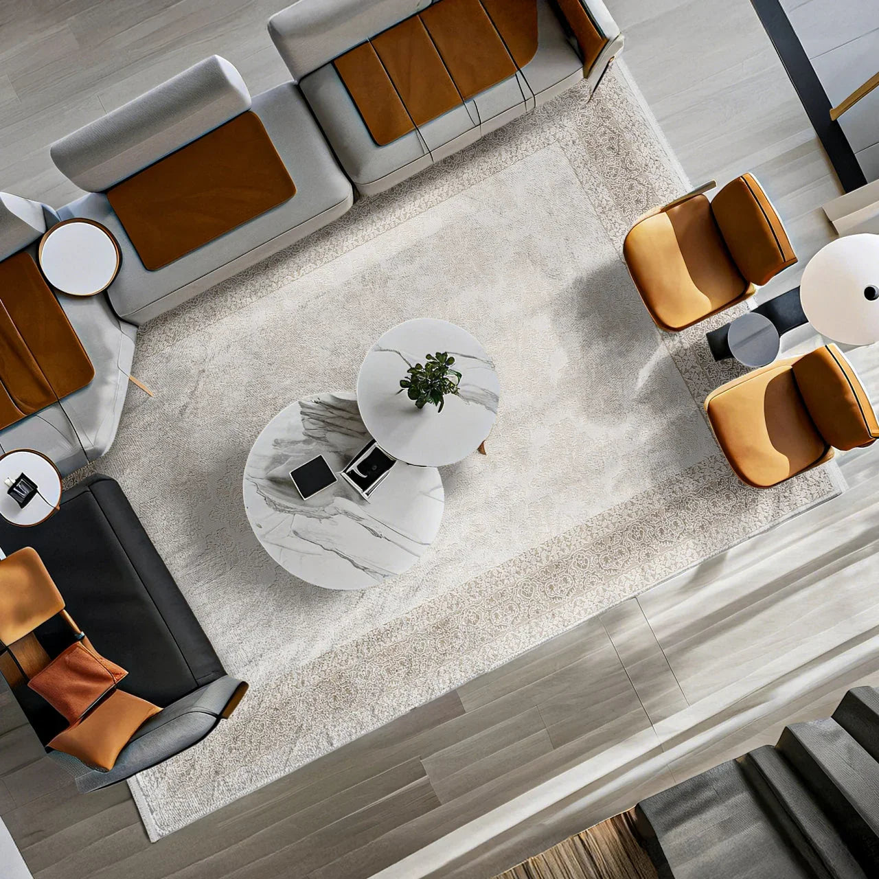 Bej Beyaz Geometrik Desenli Minimalist Halı - Yıkanabilir - Kaymaz Taban - Pati Dostu