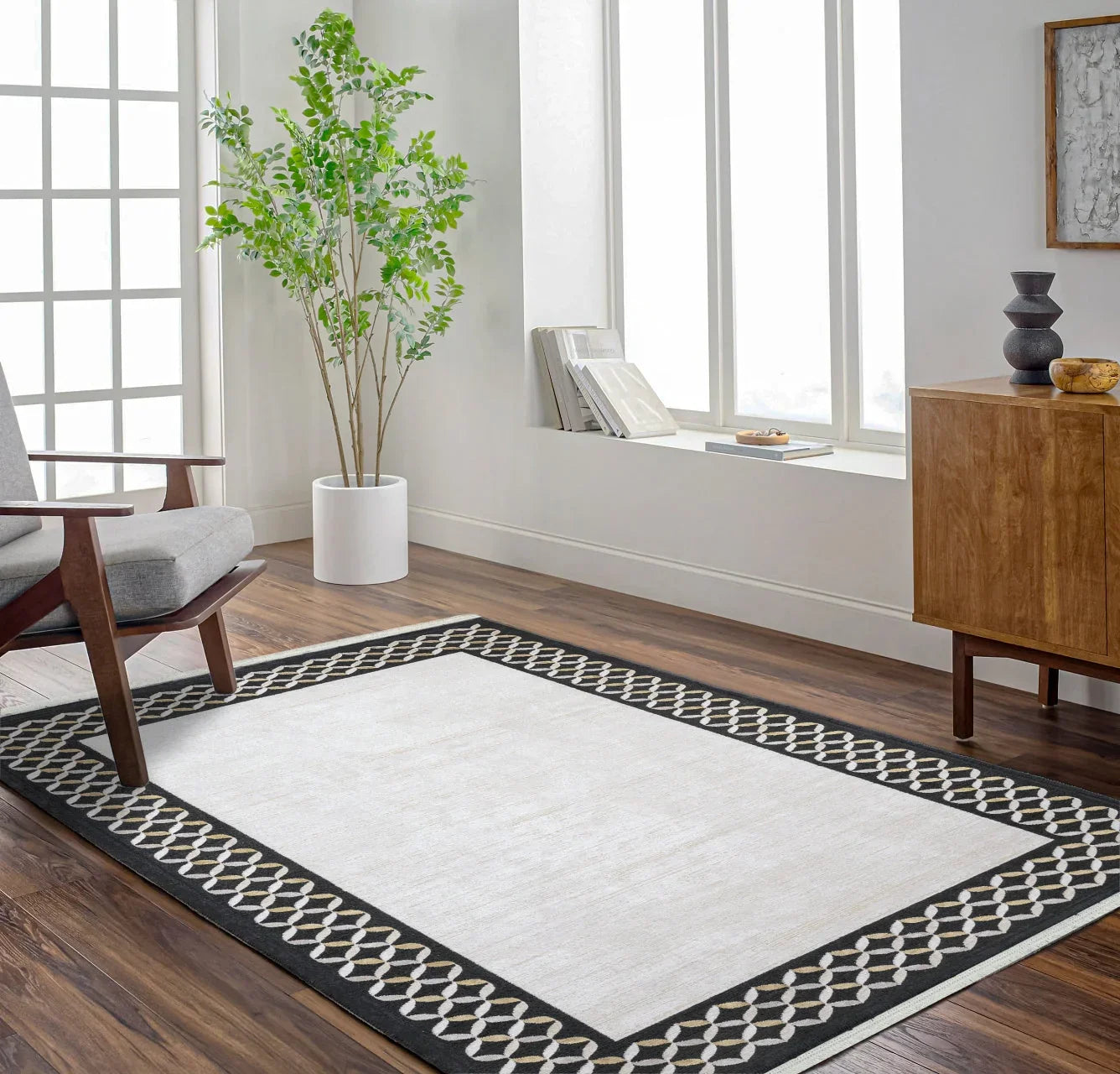 Beyaz Gri Geometrik Minimalist Halı - Yıkanabilir - Kaymaz Taban - Pati Dostu