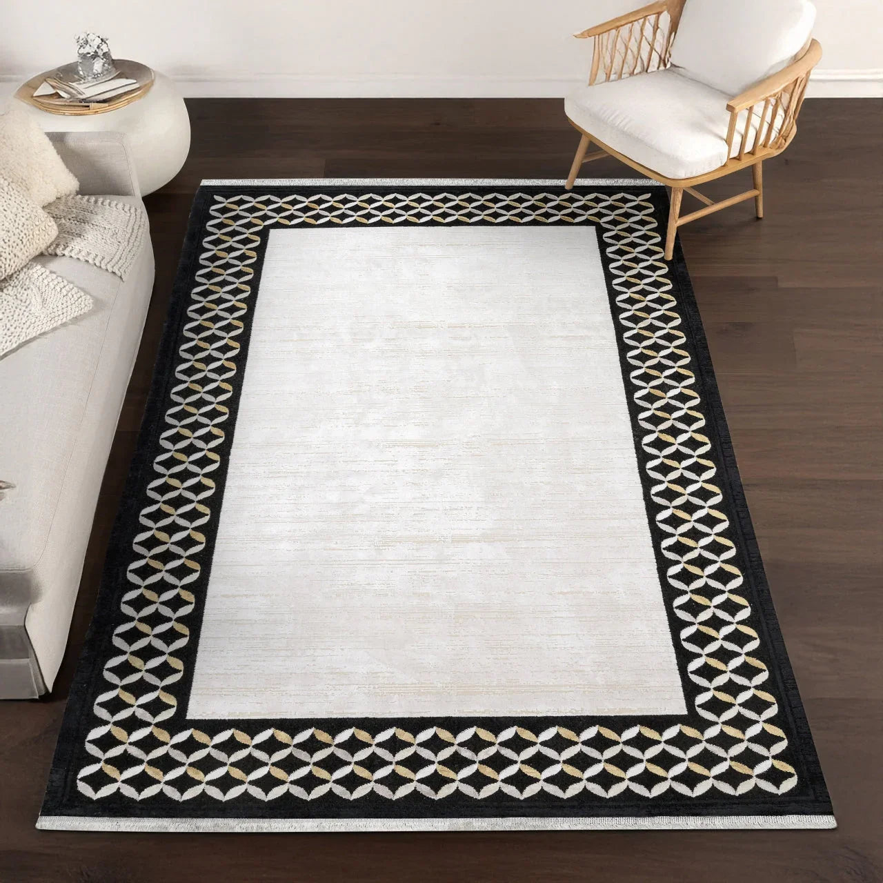 Beyaz Gri Geometrik Minimalist Halı - Yıkanabilir - Kaymaz Taban - Pati Dostu