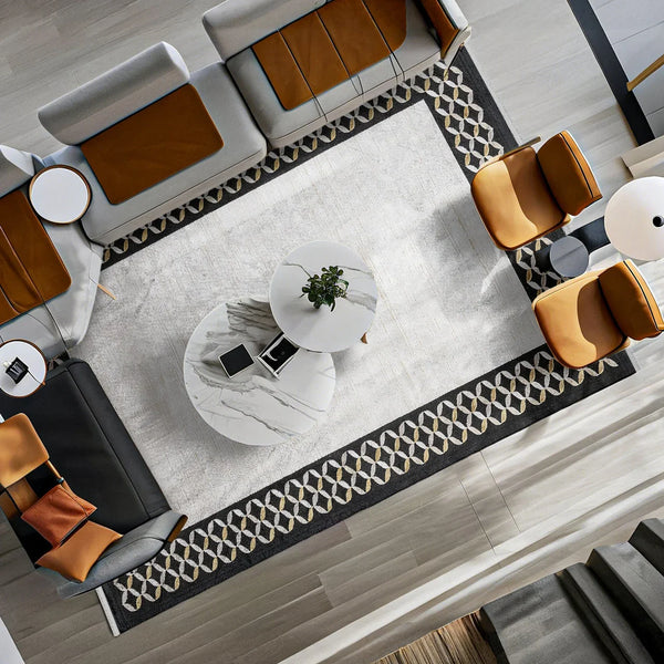 Beyaz Gri Geometrik Minimalist Halı - Yıkanabilir - Kaymaz Taban - Pati Dostu