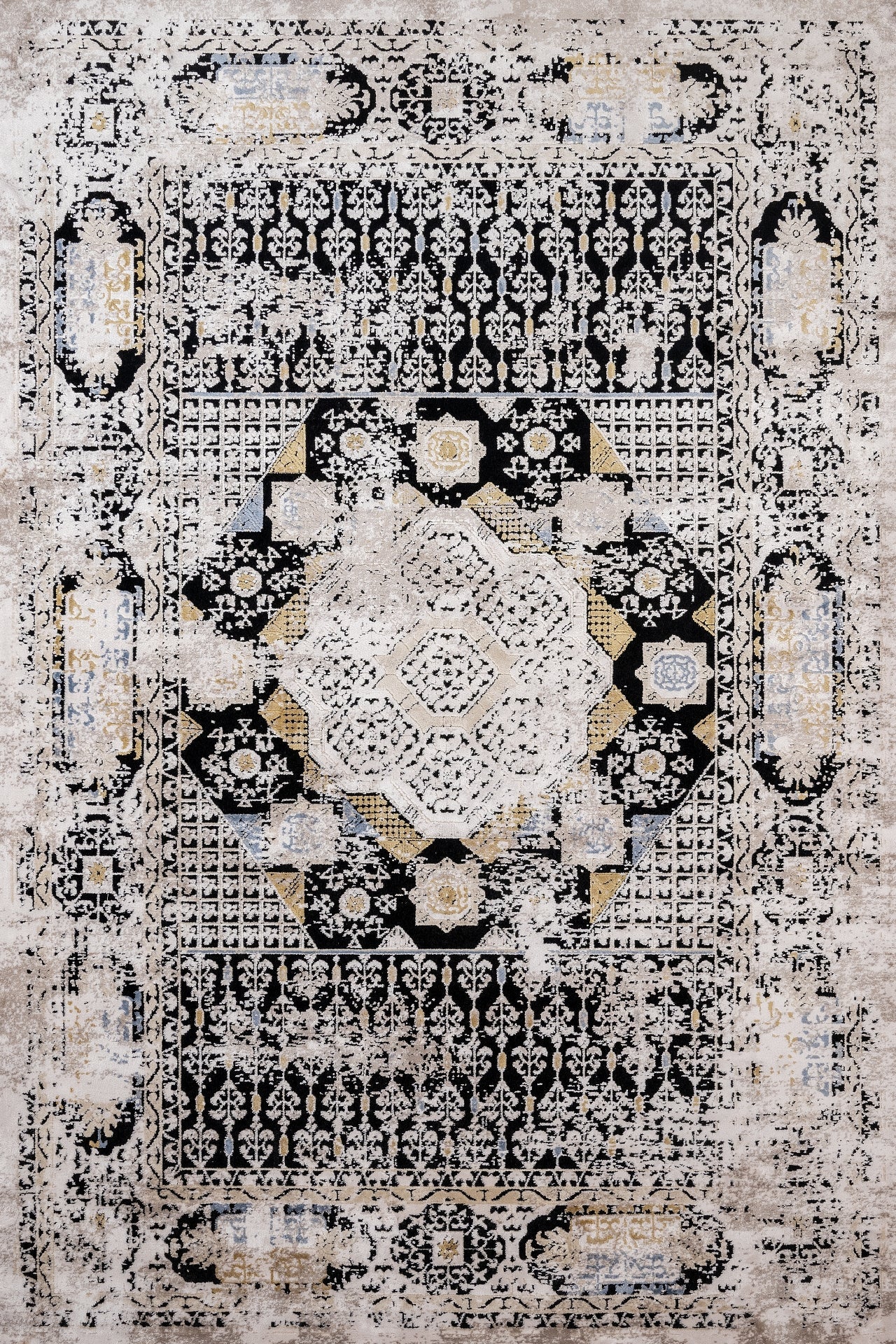 Antrasit Gold Eskitme Klasik Halı - Yıkanabilir - Kaymaz Taban - Pati Dostu