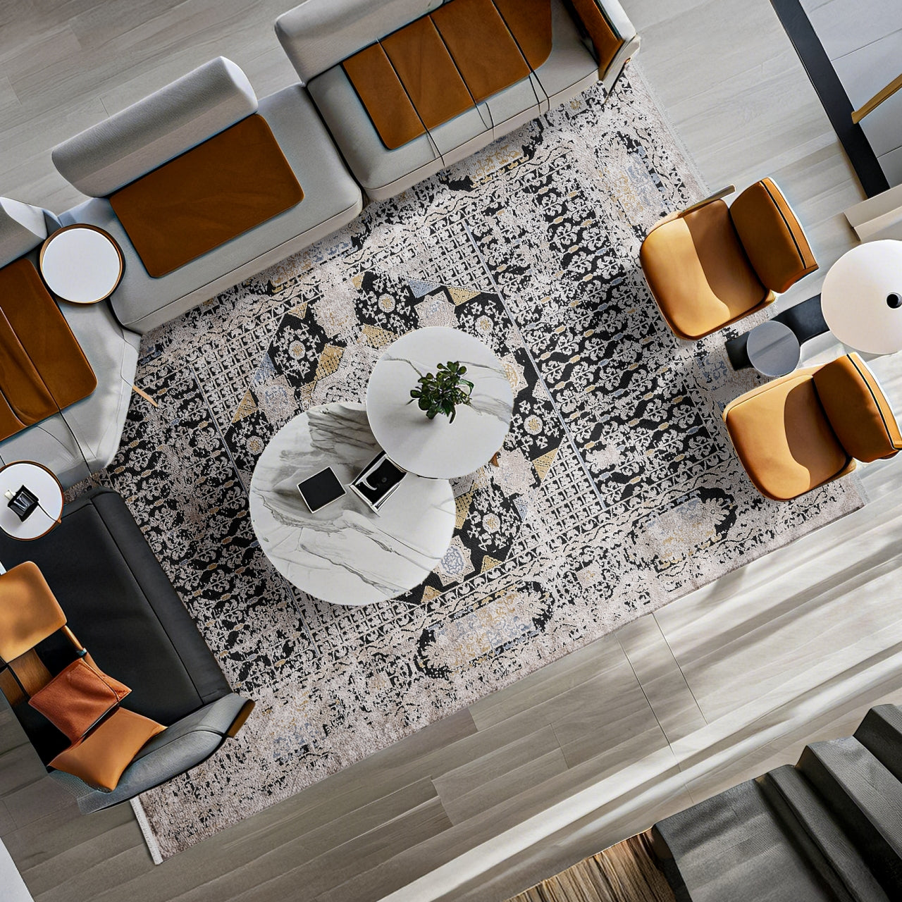 Antrasit Gold Eskitme Klasik Halı - Yıkanabilir - Kaymaz Taban - Pati Dostu