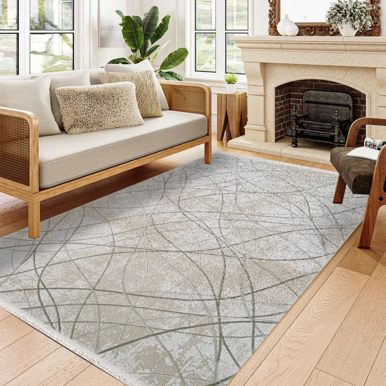 Bej Gri Geometrik Minimalist Halı - Yıkanabilir - Kaymaz Taban - Pati Dostu