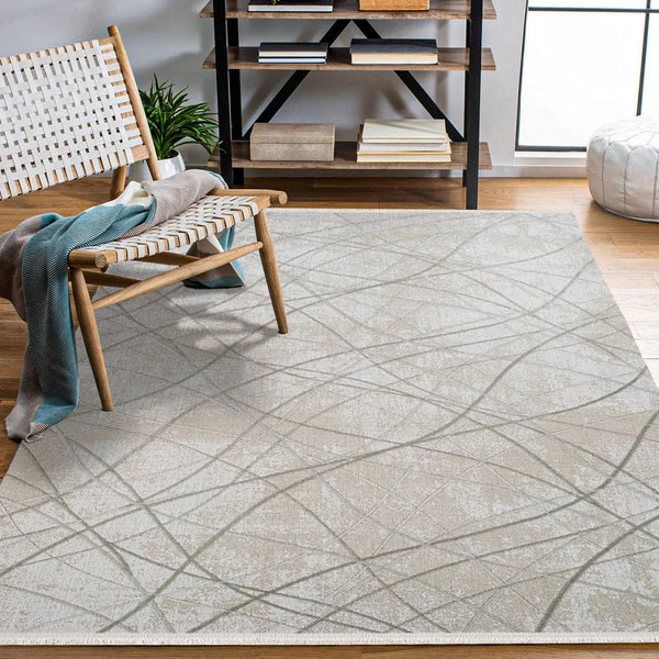 Bej Gri Geometrik Minimalist Halı - Yıkanabilir - Kaymaz Taban - Pati Dostu