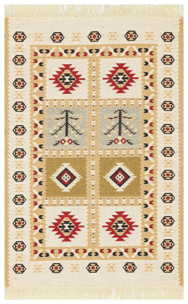 Bej Krem Dekoratif Etnik Halı - Yıkanabilir - Kaymaz Taban - Pati Dostu
