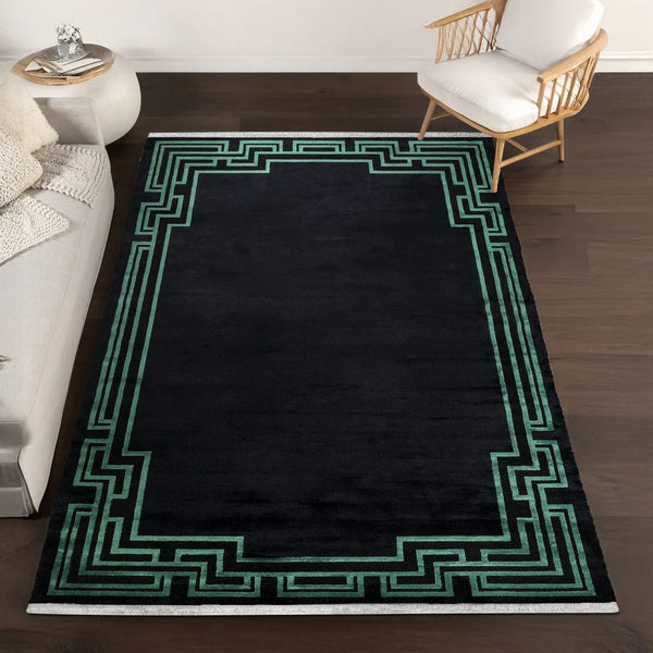 Bordürlü Geometrik Halı - Yıkanabilir - Kaymaz Taban - Pati Dostu