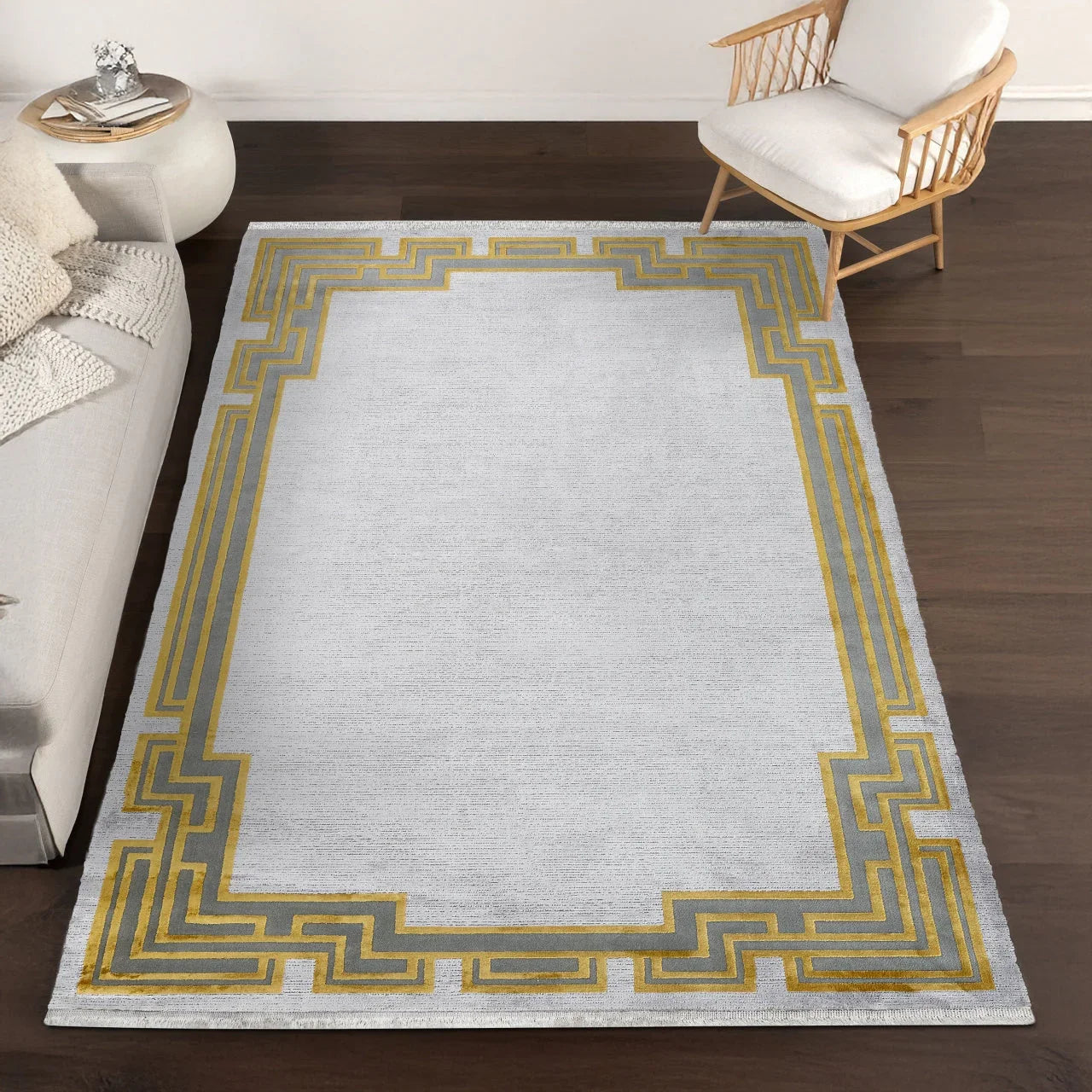 Antrasit Gold Bordürlü Minimalist Halı - Yıkanabilir - Kaymaz Taban - Pati Dostu