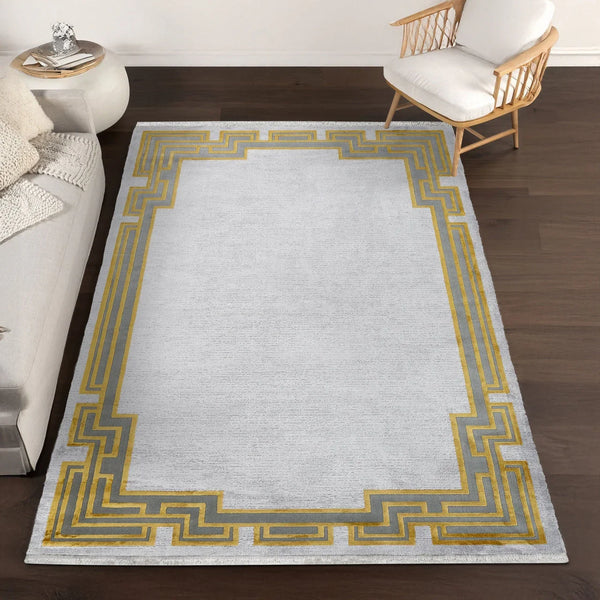 Antrasit Gold Bordürlü Minimalist Halı - Yıkanabilir - Kaymaz Taban - Pati Dostu