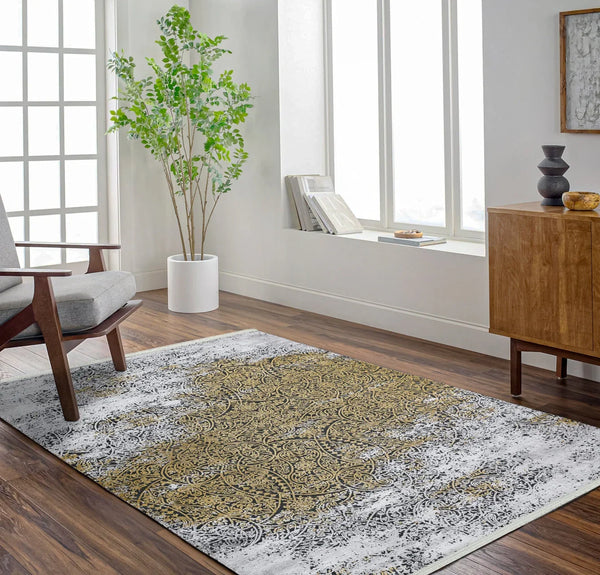 Ekru Gold Bohem Desenli Halı - Yıkanabilir - Kaymaz Taban - Pati Dostu