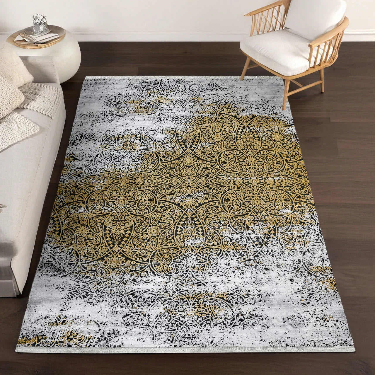 Ekru Gold Bohem Desenli Halı - Yıkanabilir - Kaymaz Taban - Pati Dostu