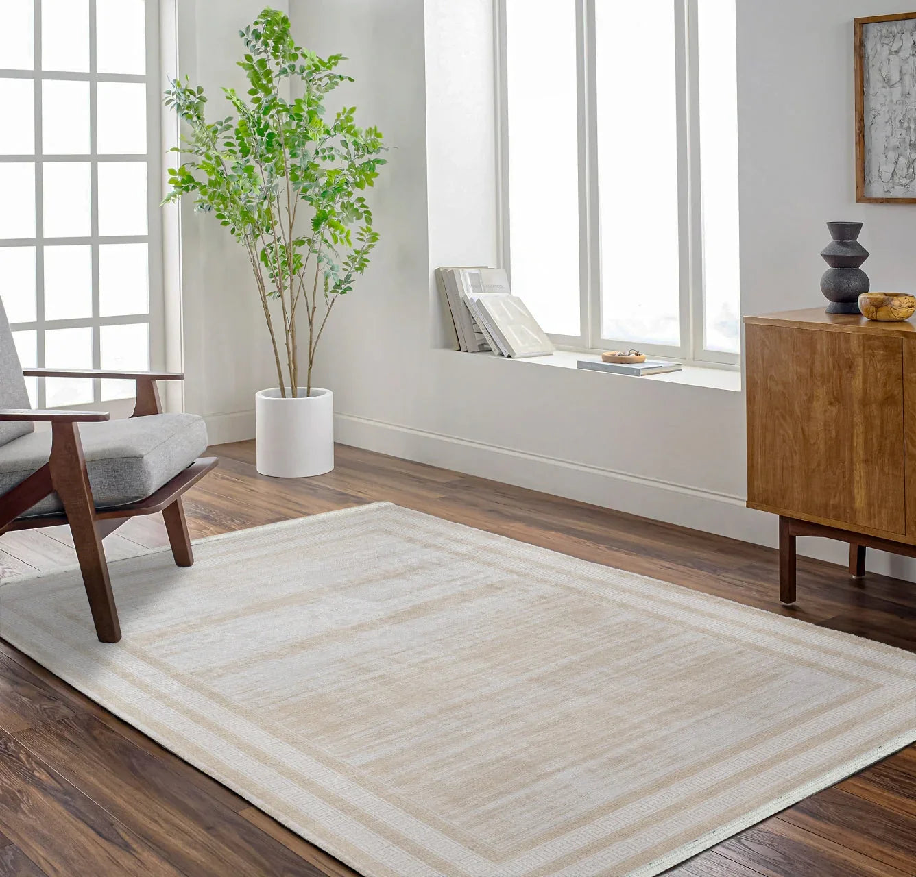 Bej Krem Minimalist Modern Halı - Yıkanabilir - Kaymaz Taban - Pati Dostu