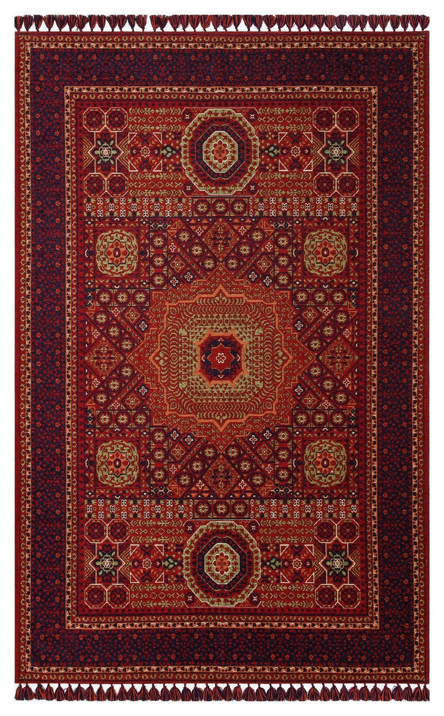 Tapis classique rouge et bleu marine à motif géométrique, anti-poussière – dans le séjour