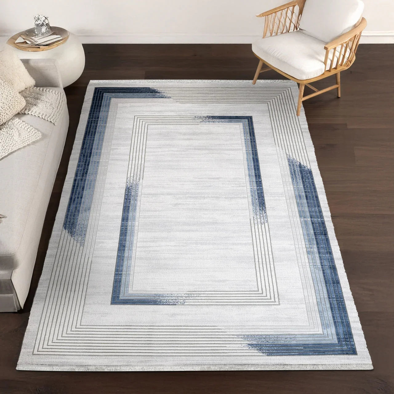 Beyaz Mavi Minimalist Modern Halı - Yıkanabilir - Kaymaz Taban - Pati Dostu