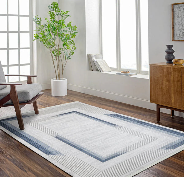 Beyaz Mavi Minimalist Modern Halı - Yıkanabilir - Kaymaz Taban - Pati Dostu