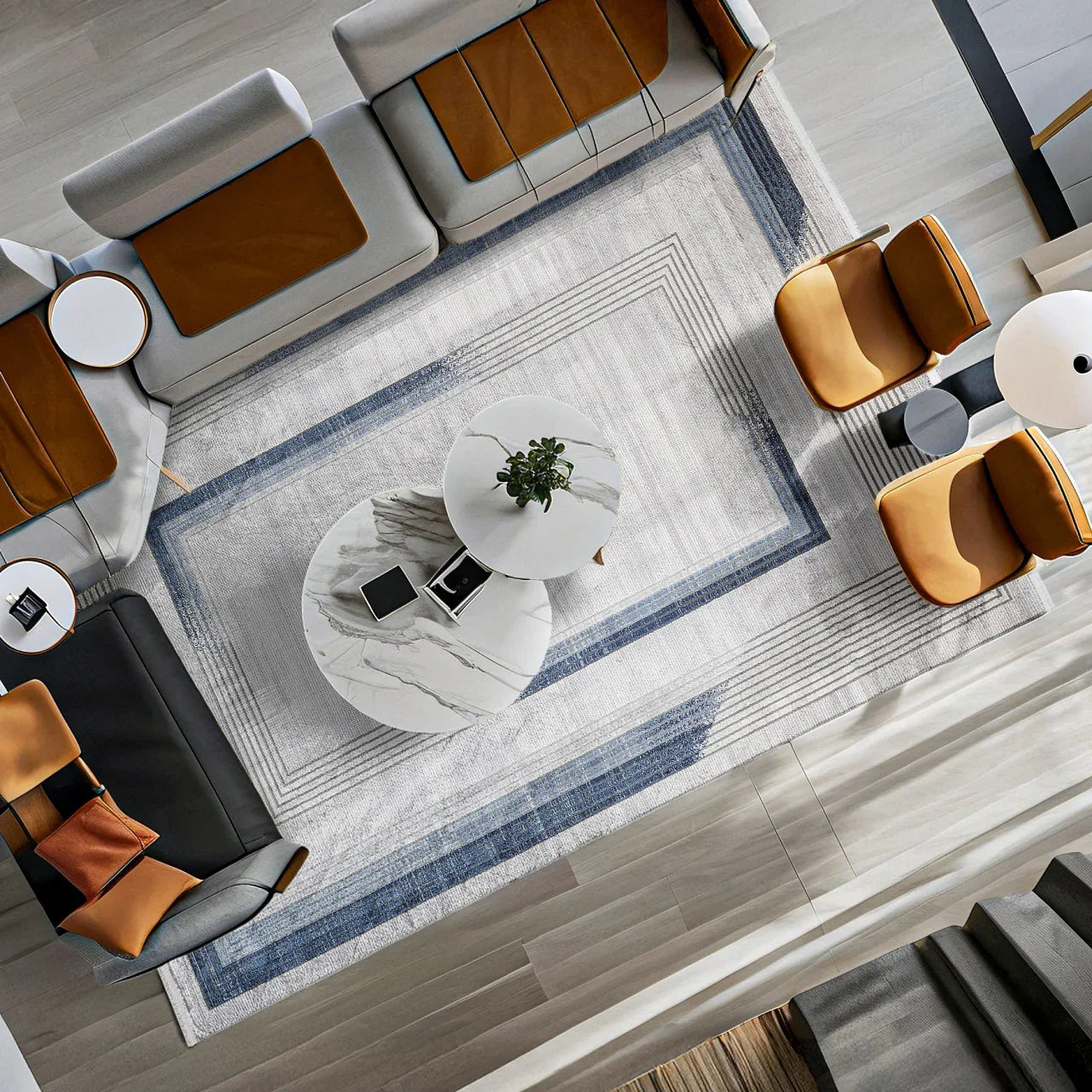 Beyaz Mavi Minimalist Modern Halı - Yıkanabilir - Kaymaz Taban - Pati Dostu