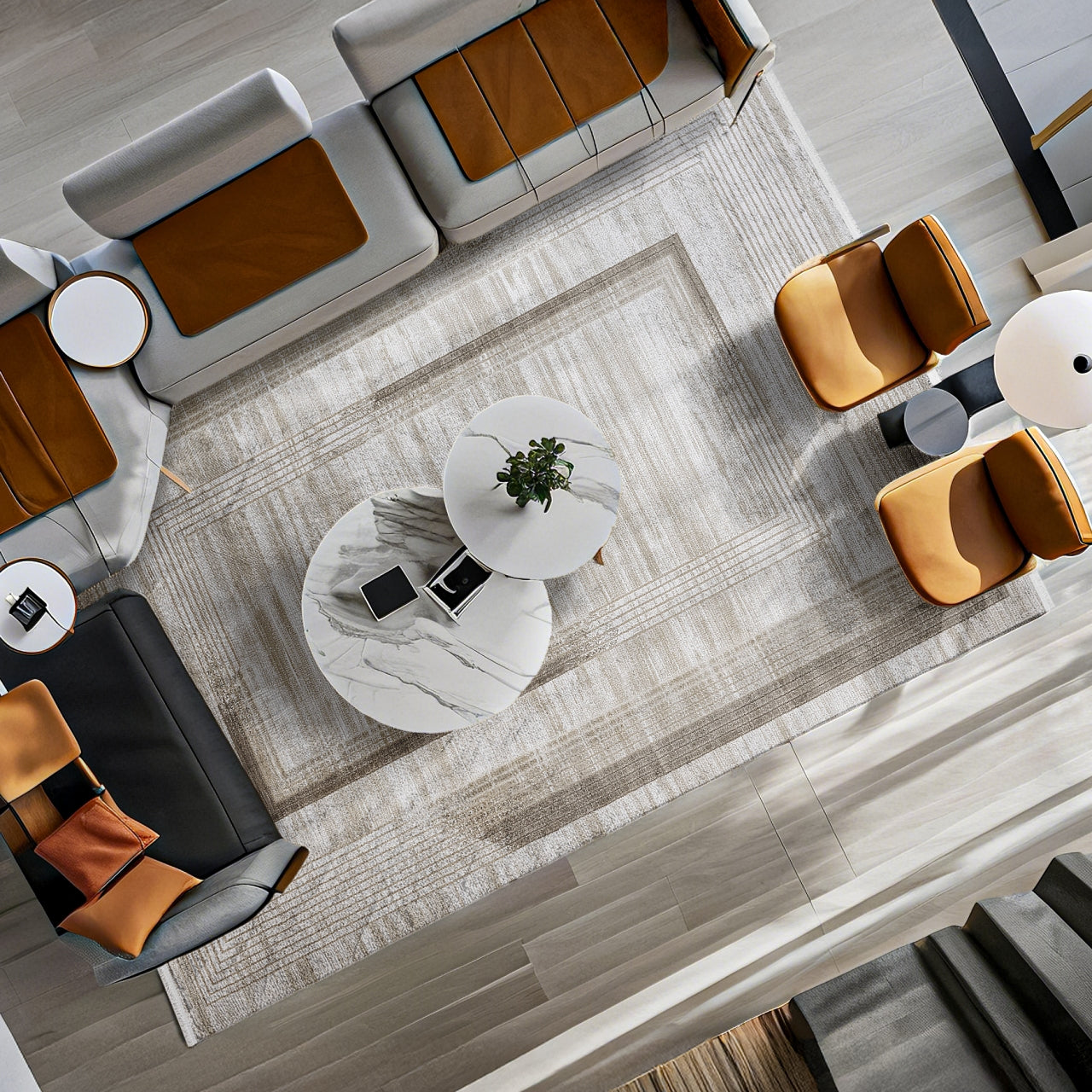 Bej Gri Dokulu Geometrik Halı - Yıkanabilir - Kaymaz Taban - Pati Dostu