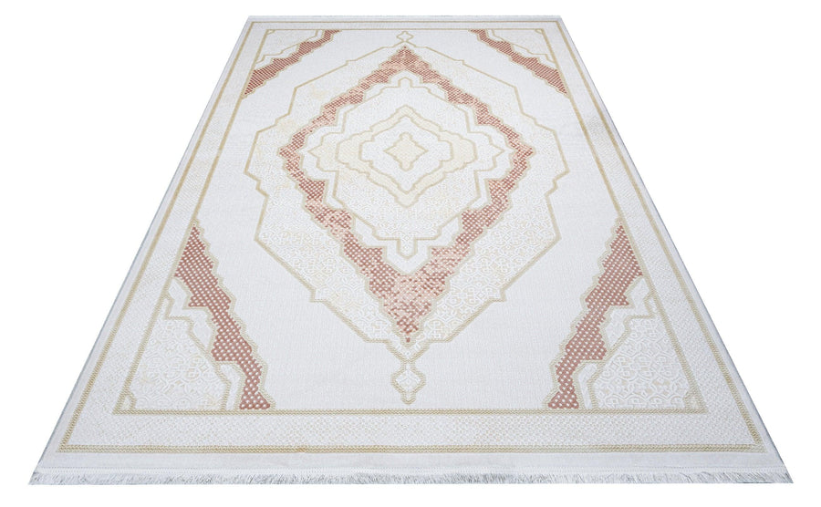 Moderner Teppich in Weiß mit geometrischem Muster – im Wohnzimmer