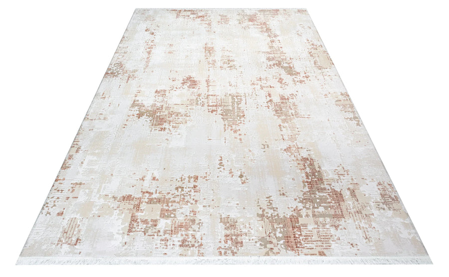 Cream and Red Abstract Distressed Style Rug – in the living room