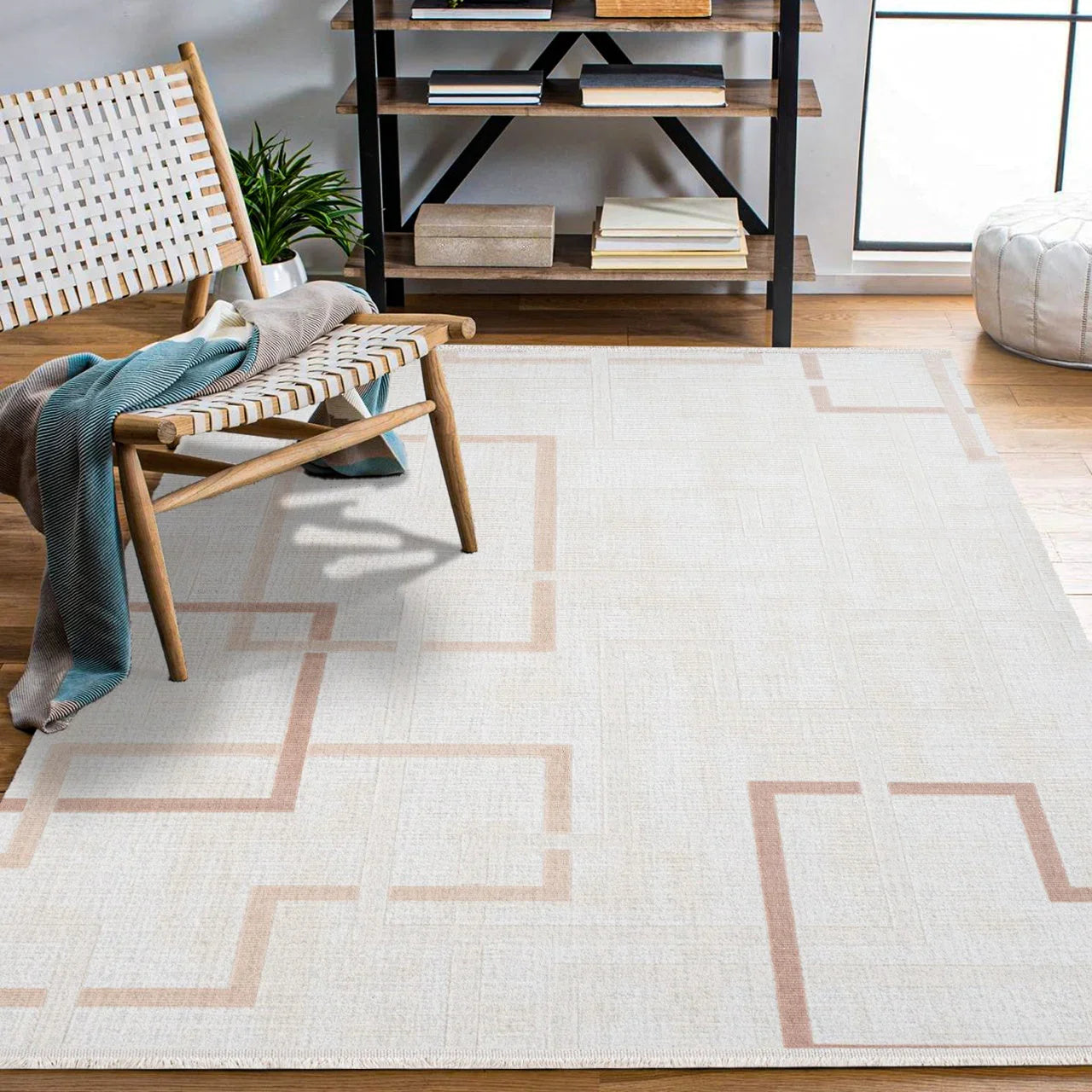 Beyaz Krem Geometrik Minimalist Halı - Yıkanabilir - Kaymaz Taban - Pati Dostu