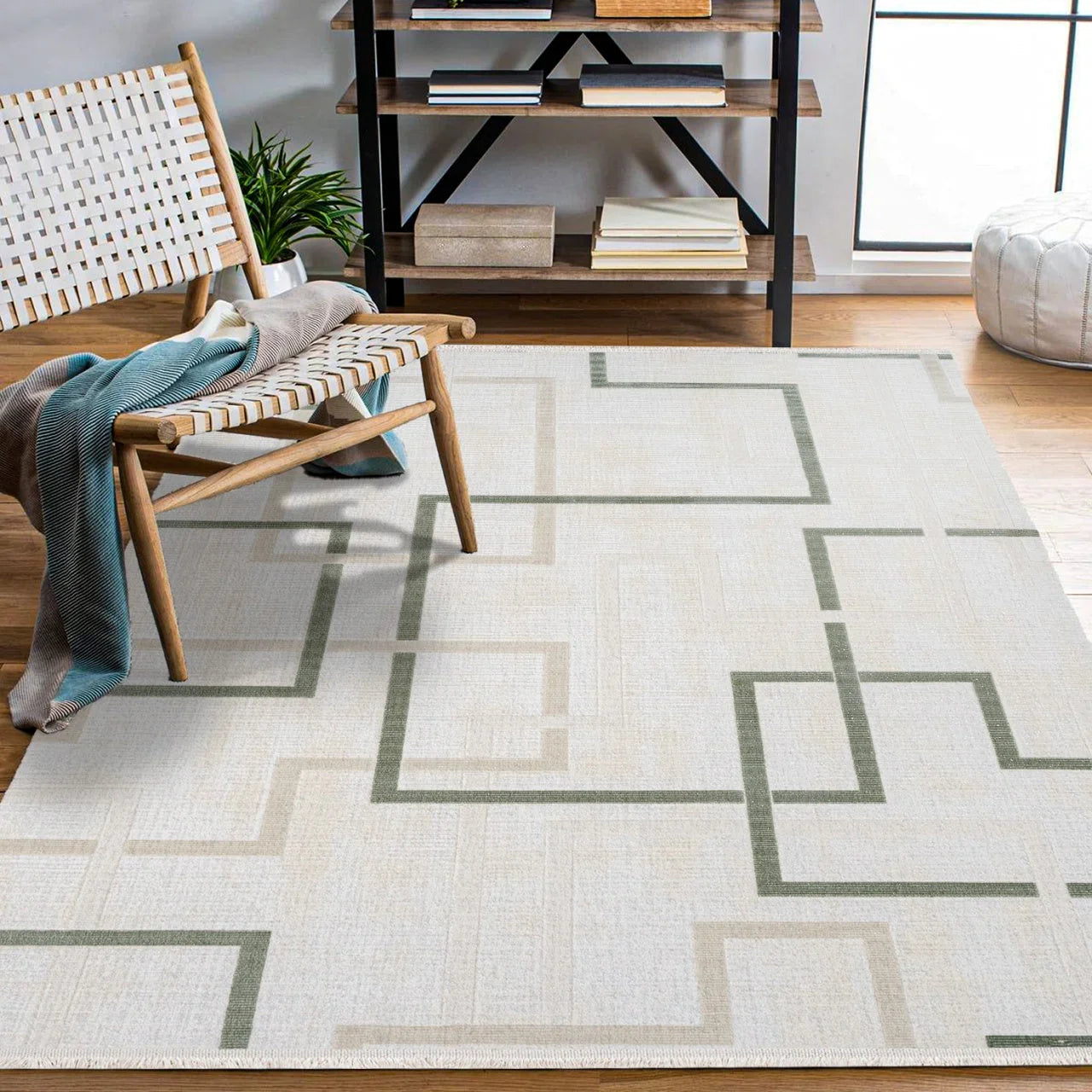 Bej Krem Geometrik Minimalist Halı - Yıkanabilir - Kaymaz Taban - Pati Dostu