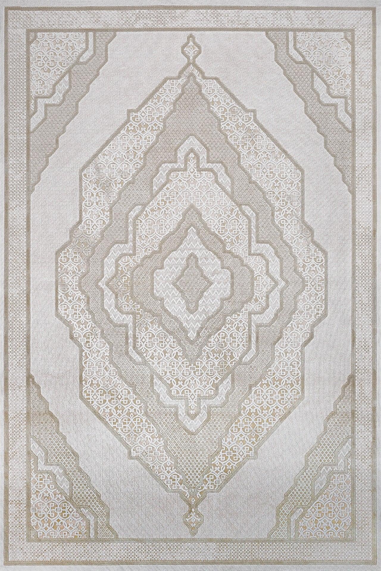 Beyaz Gri Bohem Desenli Halı - Yıkanabilir - Kaymaz Taban - Pati Dostu