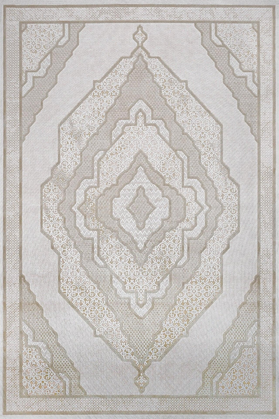 Beyaz Gri Bohem Desenli Halı - Yıkanabilir - Kaymaz Taban - Pati Dostu