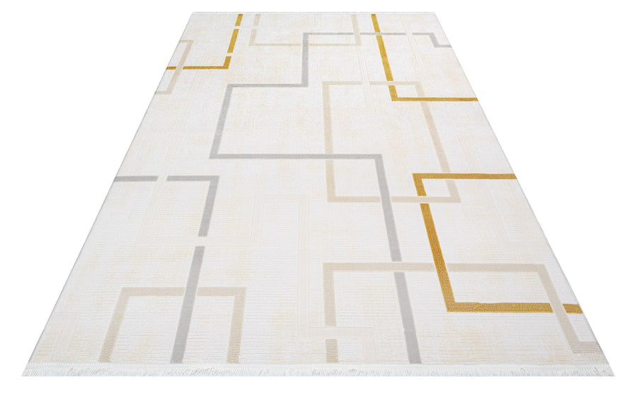 Cremefarbener Teppich mit grauem geometrischem Muster – im Wohnzimmer