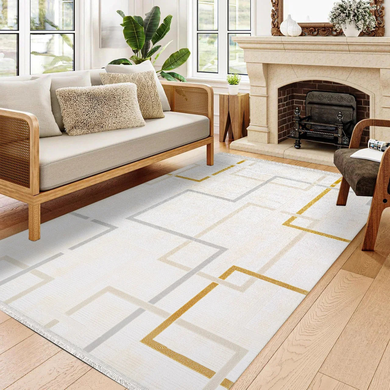 Beyaz Gold Geometrik Minimalist Halı - Yıkanabilir - Kaymaz Taban - Pati Dostu