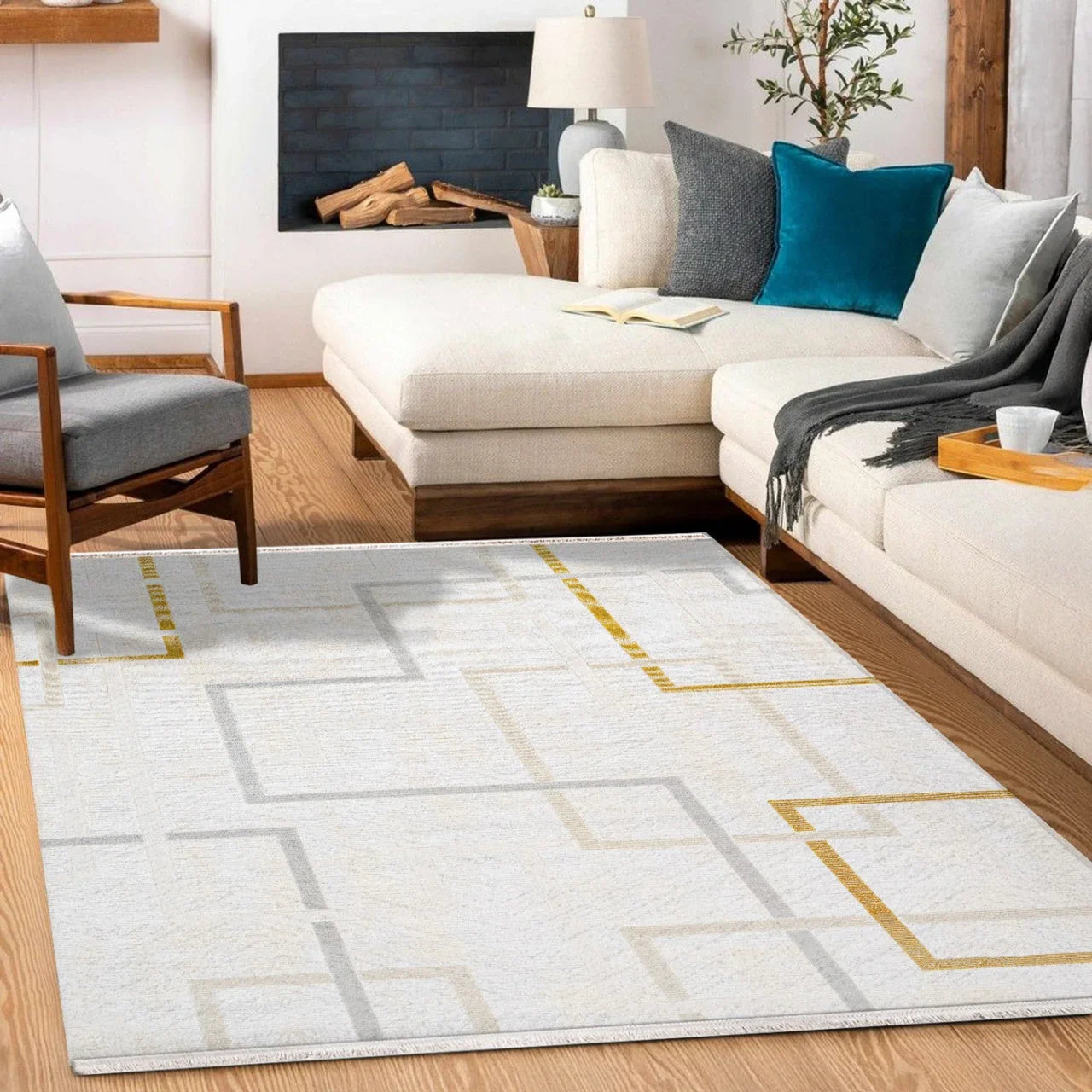 Beyaz Gold Geometrik Minimalist Halı - Yıkanabilir - Kaymaz Taban - Pati Dostu