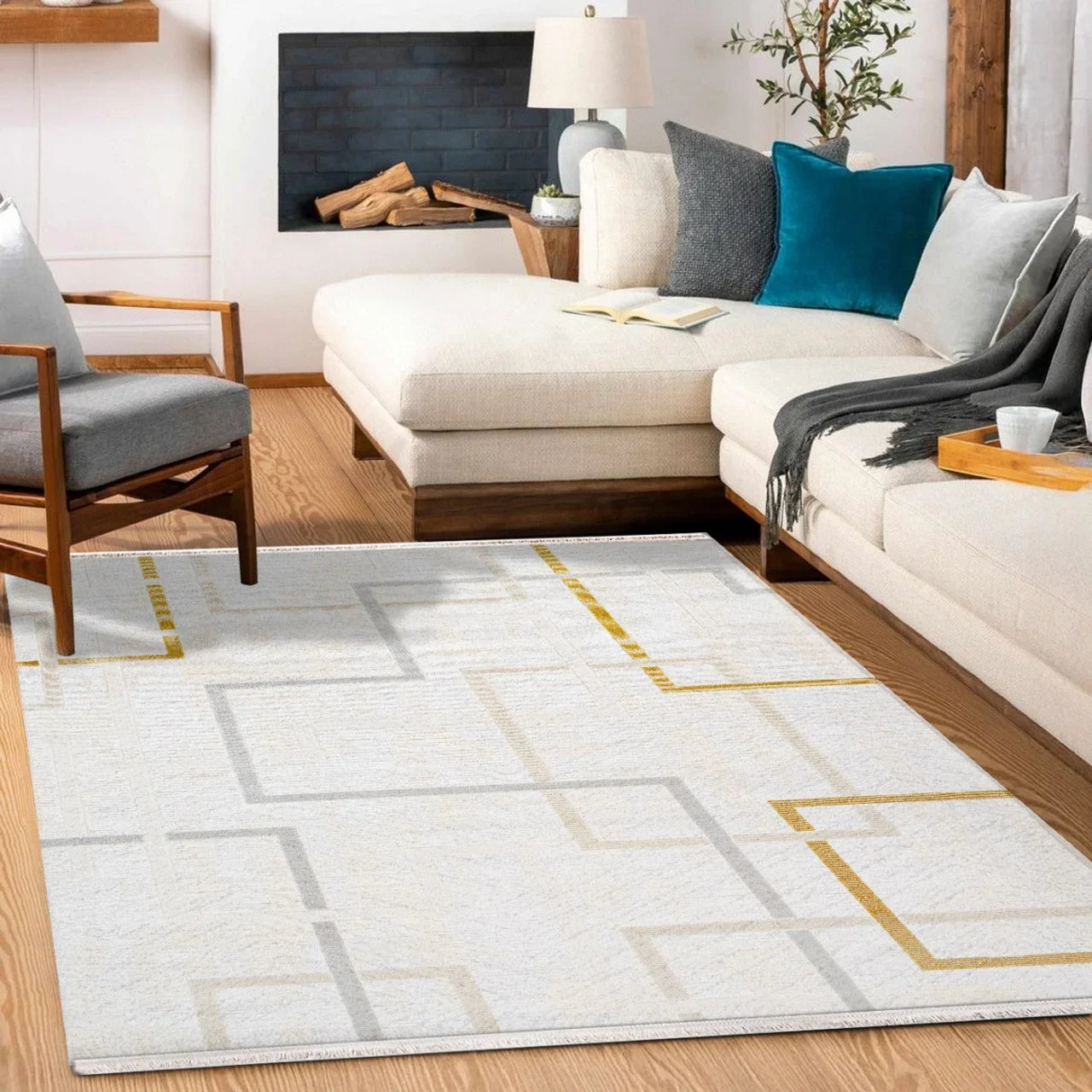 Krem Geometrik Minimalist Triko Halı - Pati Dostu - Toz Vermez