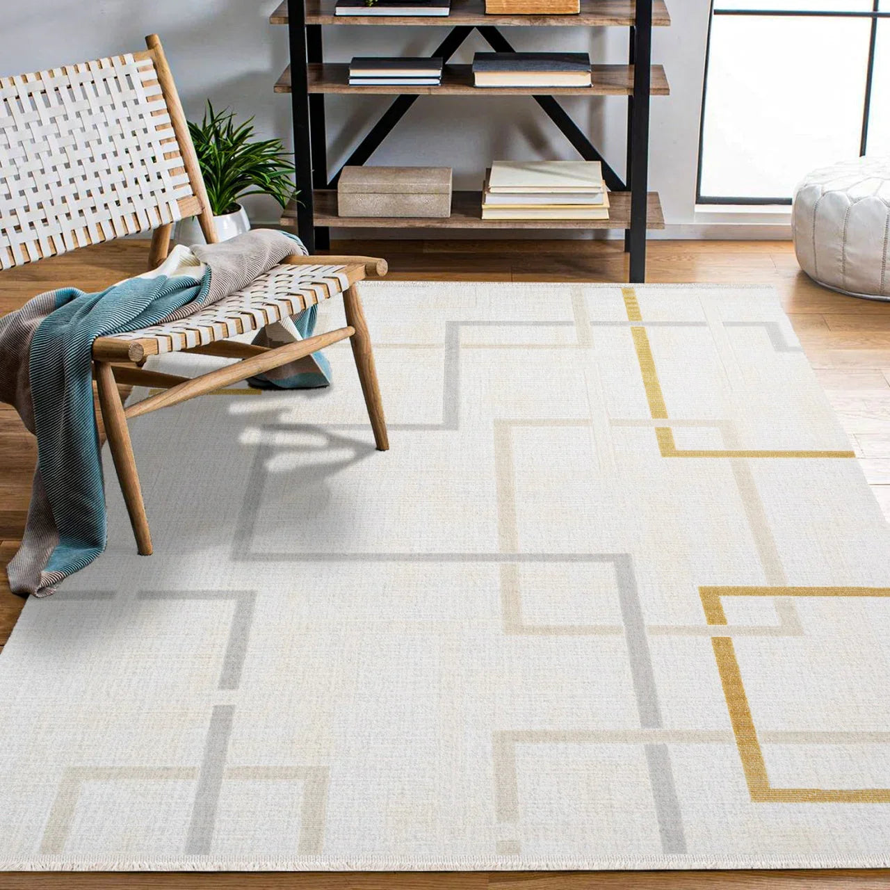 Beyaz Gold Geometrik Minimalist Halı - Yıkanabilir - Kaymaz Taban - Pati Dostu