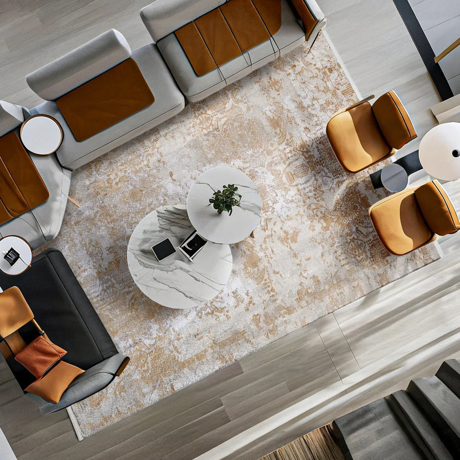 Outlet Dijital Baskı Halı Altın - Krem Eskitme Desenli Modern - görsel 2