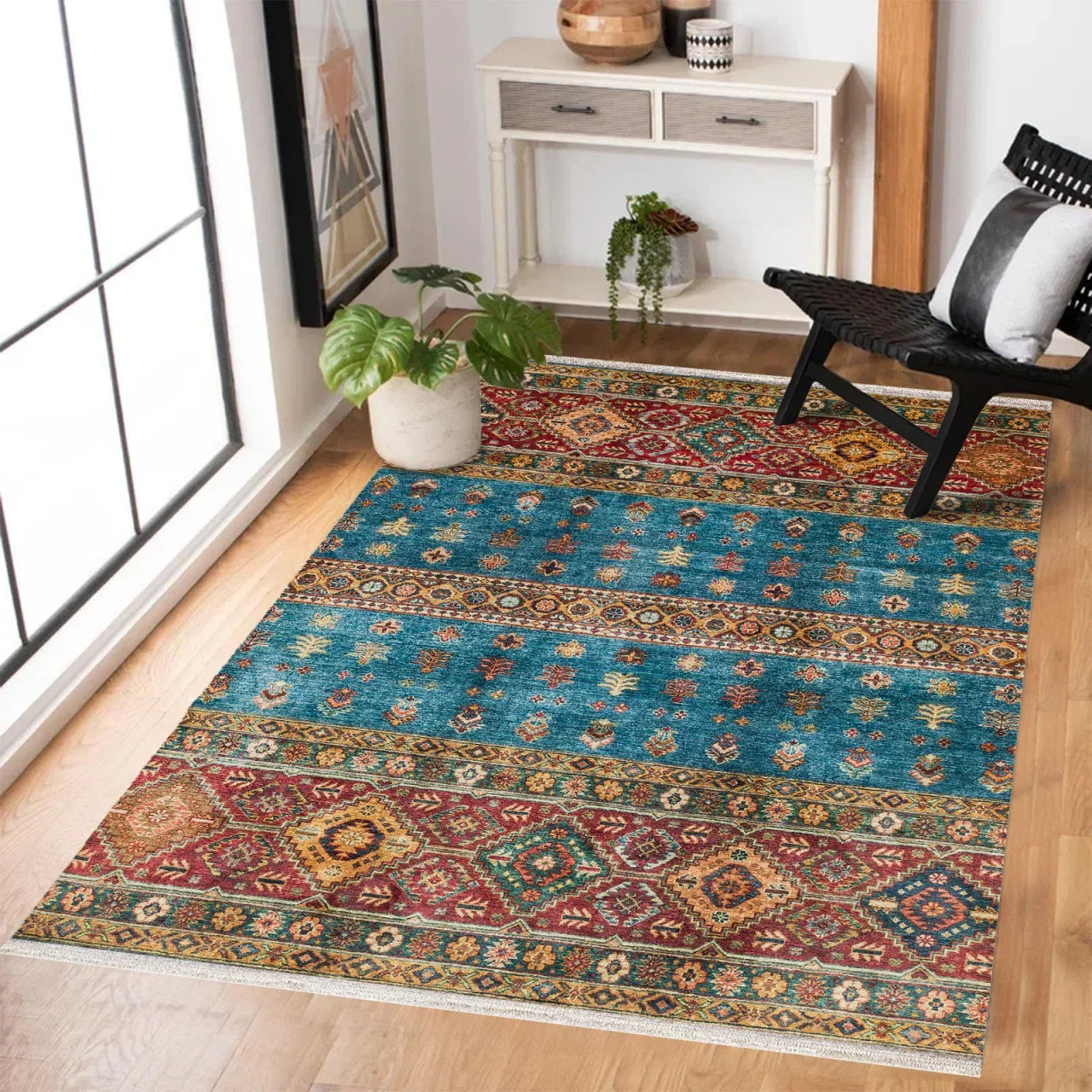 Mavi Etnik Modern Halı - Yıkanabilir - Kaymaz Taban - Pati Dostu