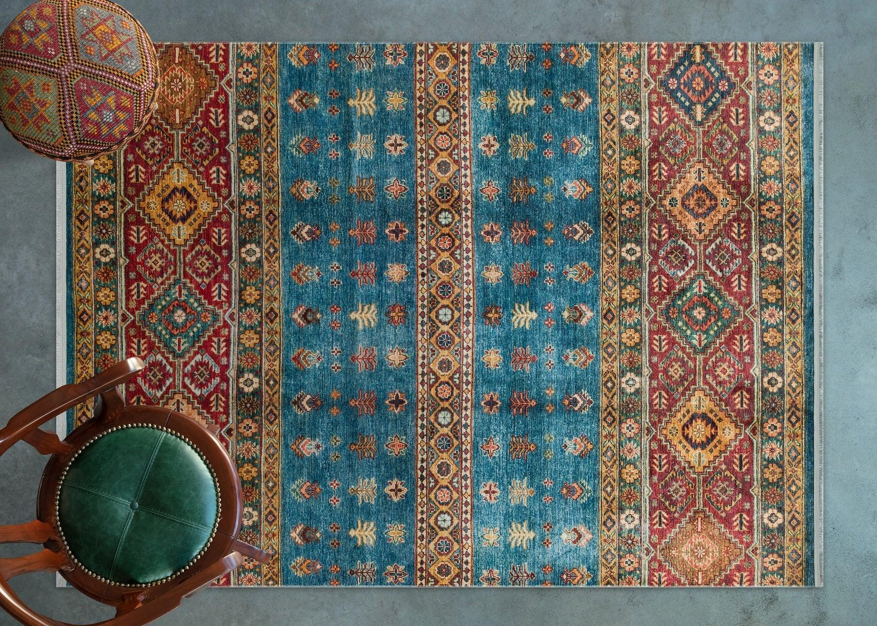 Mavi Etnik Modern Halı - Yıkanabilir - Kaymaz Taban - Pati Dostu