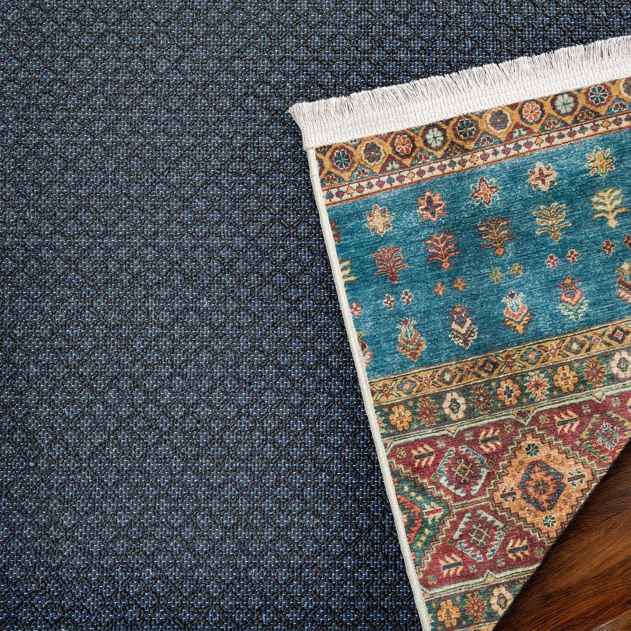 Mavi Etnik Modern Halı - Yıkanabilir - Kaymaz Taban - Pati Dostu