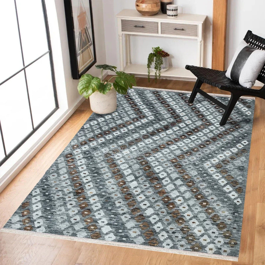 Antrasit Gri Geometrik Modern Halı - Yıkanabilir - Kaymaz Taban - Pati Dostu