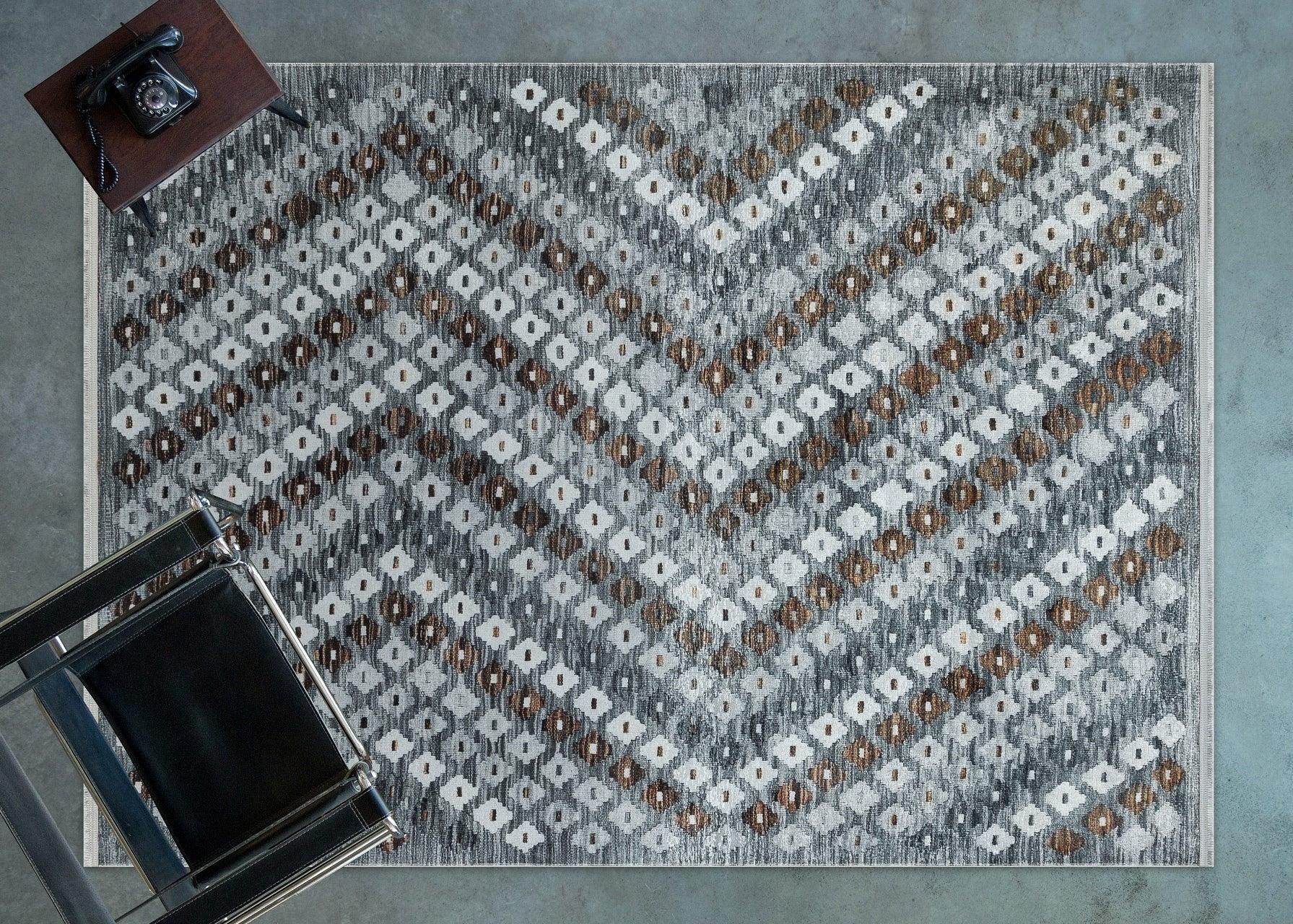 Antrasit Gri Geometrik Modern Halı - Yıkanabilir - Kaymaz Taban - Pati Dostu
