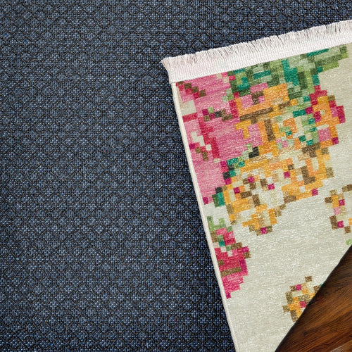 Krem Çiçekli Modern Etnik Desenli Halı  | Makinada Yıkanabilir | Hav Toz Vermez | Leke Tutmayan | Kaymaz Taban | Dijital Makine Baskı | Salon Yolluk Mutfak Halısı