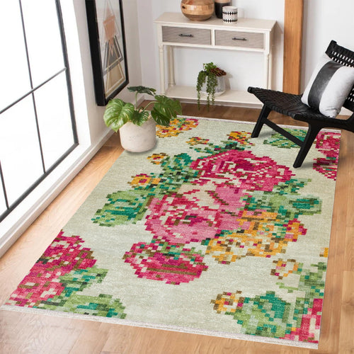 Krem Çiçekli Modern Etnik Desenli Halı  | Makinada Yıkanabilir | Hav Toz Vermez | Leke Tutmayan | Kaymaz Taban | Dijital Makine Baskı | Salon Yolluk Mutfak Halısı