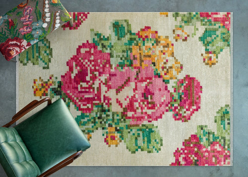 Krem Çiçekli Modern Etnik Desenli Halı  | Makinada Yıkanabilir | Hav Toz Vermez | Leke Tutmayan | Kaymaz Taban | Dijital Makine Baskı | Salon Yolluk Mutfak Halısı