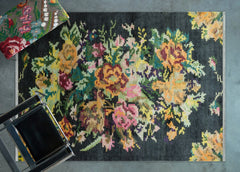 Siyah Çiçekli Modern Etnik Desenli Halı  | Makinada Yıkanabilir | Hav Toz Vermez | Leke Tutmayan | Kaymaz Taban | Dijital Makine Baskı | Salon Yolluk Mutfak Halısı