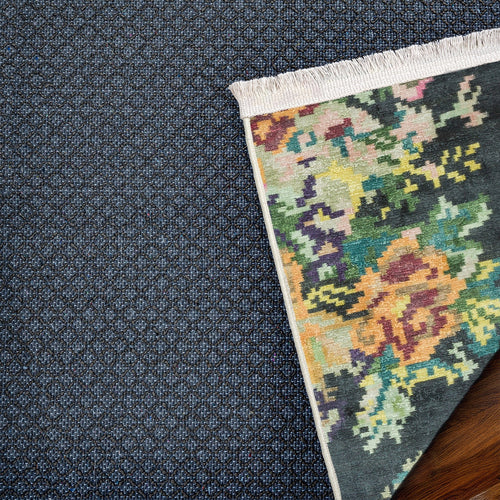 Siyah Çiçekli Modern Etnik Desenli Halı  | Makinada Yıkanabilir | Hav Toz Vermez | Leke Tutmayan | Kaymaz Taban | Dijital Makine Baskı | Salon Yolluk Mutfak Halısı