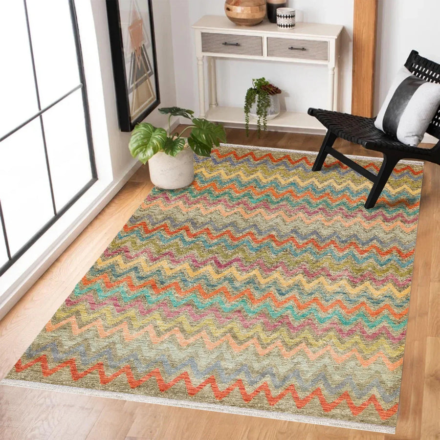 Renkli Vizon Geometrik Modern Halı - Yıkanabilir - Kaymaz Taban - Pati Dostu