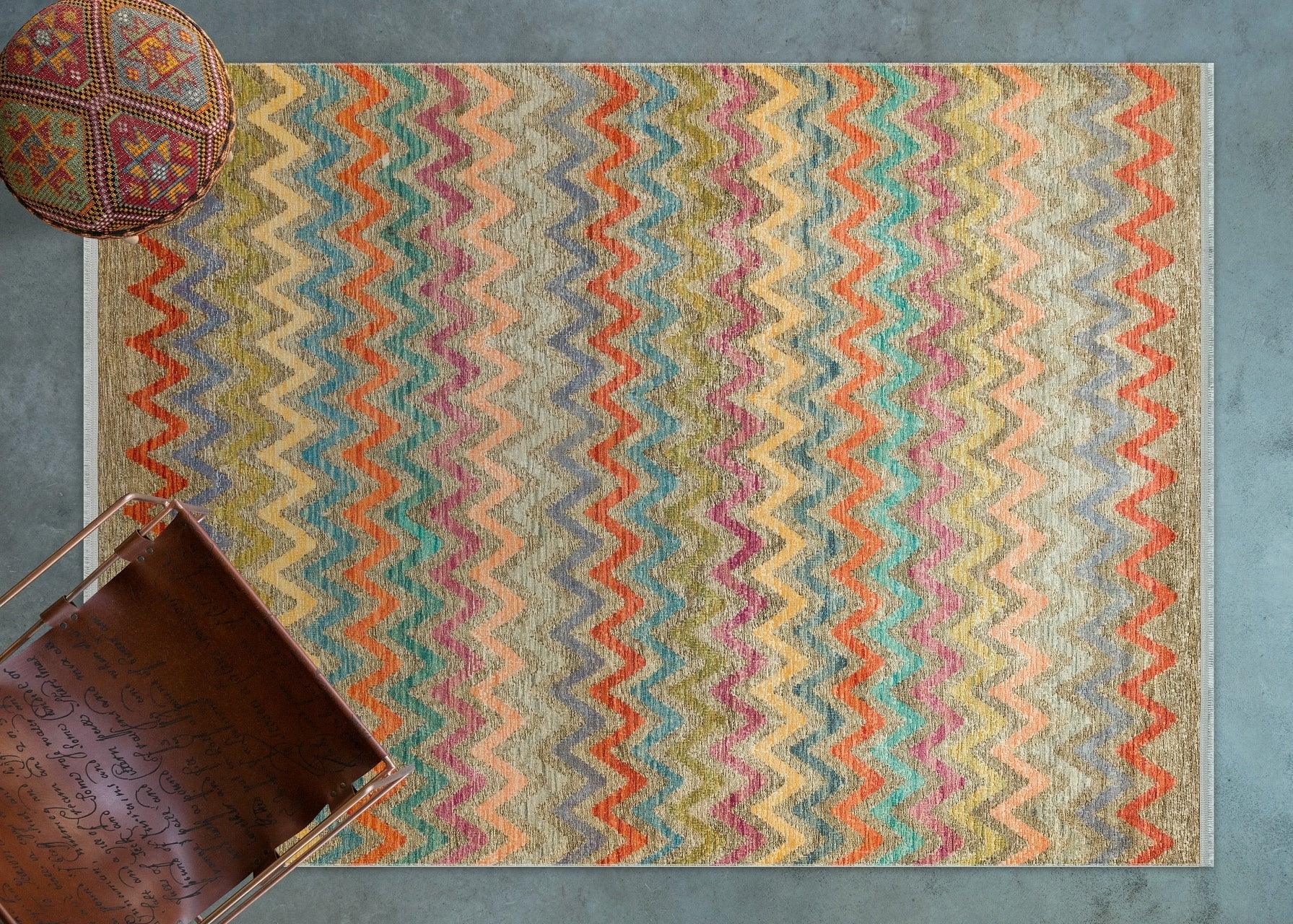 Renkli Vizon Geometrik Modern Halı - Yıkanabilir - Kaymaz Taban - Pati Dostu